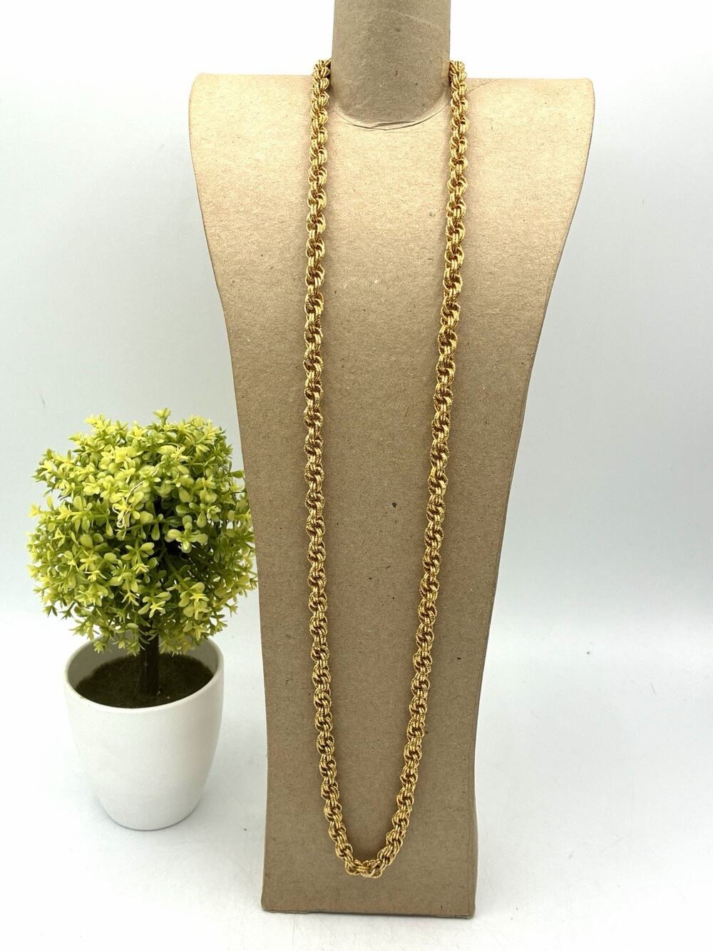 Vintage Gold Tone Rope Chain Necklace 30” Long Textured Statement Jewelry